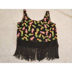 L'Amour Nanette Lepore Shirt Womens L Black Pineapple Fringe Crop Tank‎ Top Boho